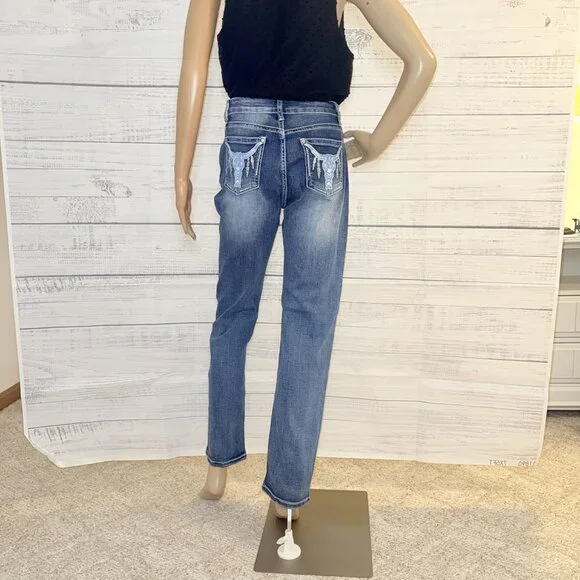 NWOT Sky Blue Embroidered Cow Straight Leg Jeans - Picture 5 of 7